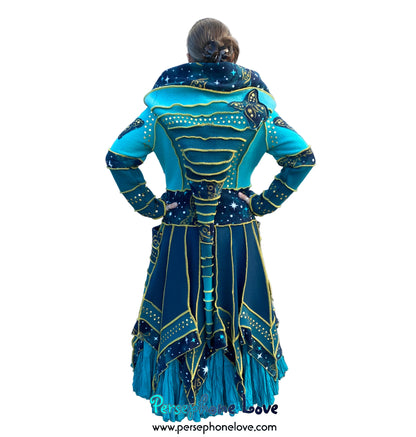 "Monarch" Teal pixie felted cashmere/fleece Katwise-inspired sequin sweatercoat-2588