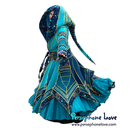 "Monarch" Teal pixie felted cashmere/fleece Katwise-inspired sequin sweatercoat-2588