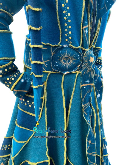 "Vorozhyla" Teal pixie felted cashmere/fleece Katwise-inspired sequin sweatercoat-2589