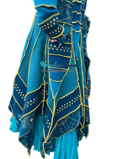"Vorozhyla" Teal pixie felted cashmere/fleece Katwise-inspired sequin sweatercoat-2589