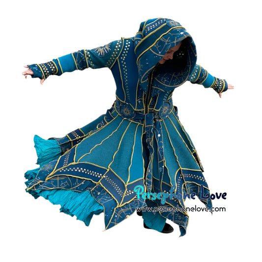 "Vorozhyla" Teal pixie felted cashmere/fleece Katwise-inspired sequin sweatercoat-2589