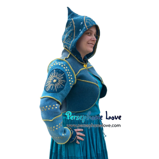 "Sun Goddess" Teal pixie felted cashmere/fleece sequin hooded bolero-2590