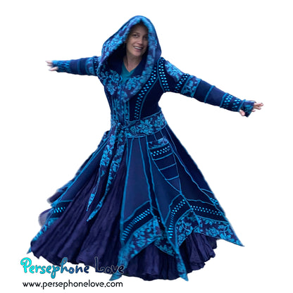 "IDORU" Blue teal pixie felted cashmere/fleece Katwise-inspired sequin sweatercoat-2592