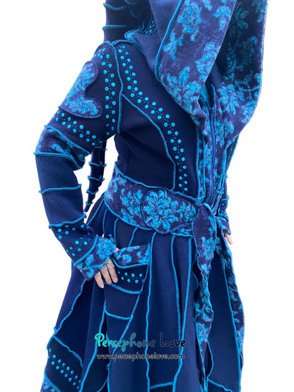 "IDORU" Blue teal pixie felted cashmere/fleece Katwise-inspired sequin sweatercoat-2592