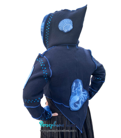"Atlantis" Blue pixie felted cashmere/fleece sequin hooded bolero-2593