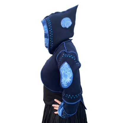 "Atlantis" Blue pixie felted cashmere/fleece sequin hooded bolero-2593