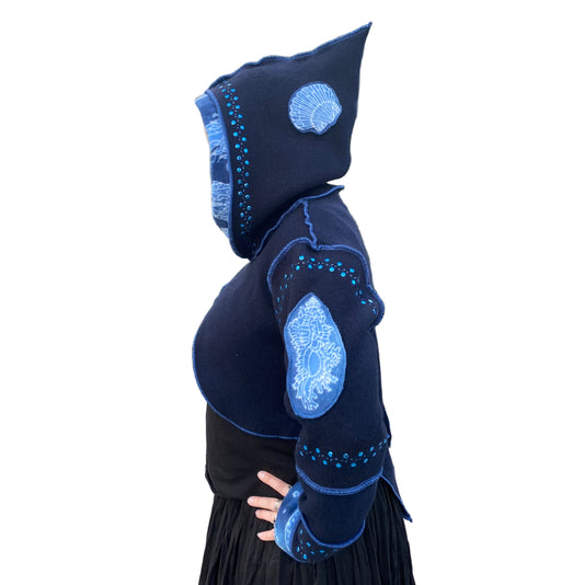 "Atlantis" Blue pixie felted cashmere/fleece sequin hooded bolero-2593