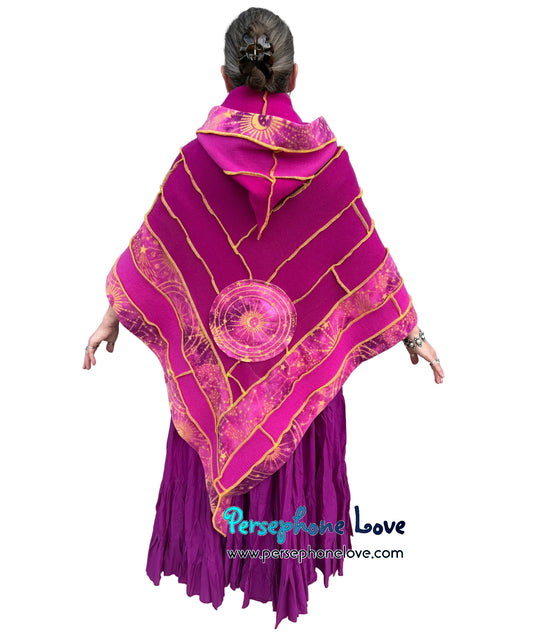 "Falling Stars" Pink Celestial patchwork felted cashmere/fleece hooded shawl capelet-2597