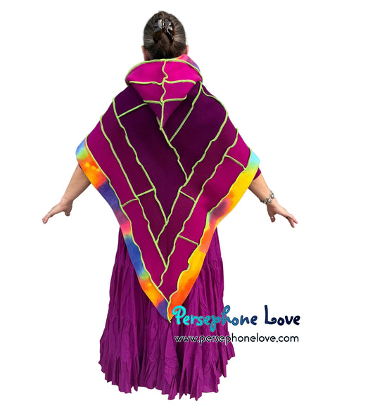 "Lightmotion" Purple magenta Celestial patchwork felted cashmere/wool/fleece hooded shawl capelet-2598
