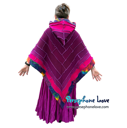 "Running Thru Colors" Purple magenta tie dye patchwork felted cashmere/wool/fleece hooded shawl capelet-2599