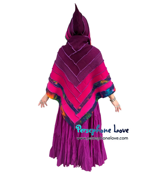 "Everlight" Purple magenta tie dye patchwork felted cashmere/wool/fleece hooded shawl capelet-2600