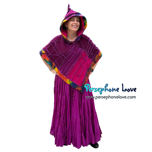 "Fly" Purple/Magenta patchwork felted cashmere/fleece hooded capelet-2601