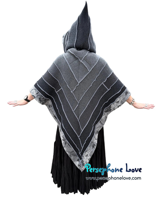 "Moments We Lost" Grey ombre patchwork machine needle-felted cashmere/fleece hooded poncho-2602
