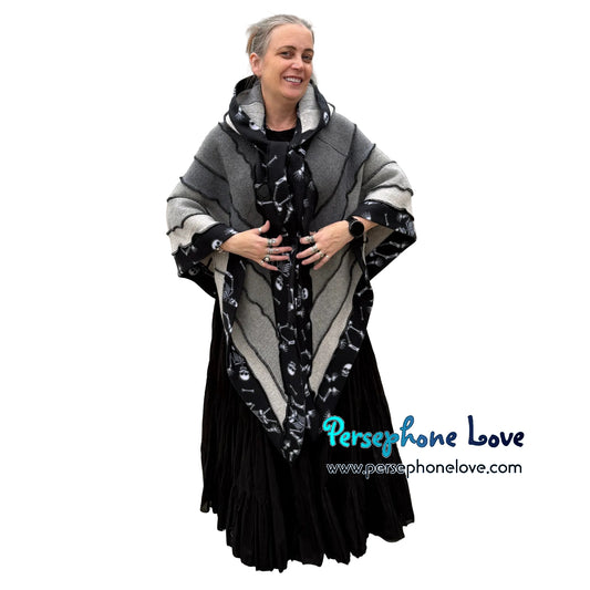 "Dancing Shadows" Grey Skeleton ombre patchwork machine needle-felted cashmere/wool/fleece hooded poncho-2603