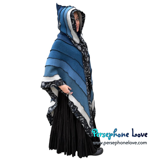"Waiting Forever" Black Blue music notes ombre patchwork felted cashmere/wool/fleece hooded cloak-2604