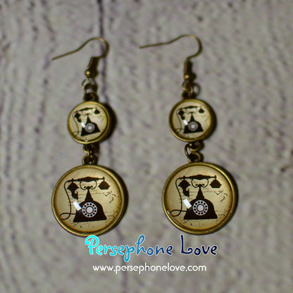 Steampunk antique bronze glass cabochon earrings-1217