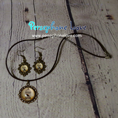 Steampunk glass cabochon necklace earring set -1220
