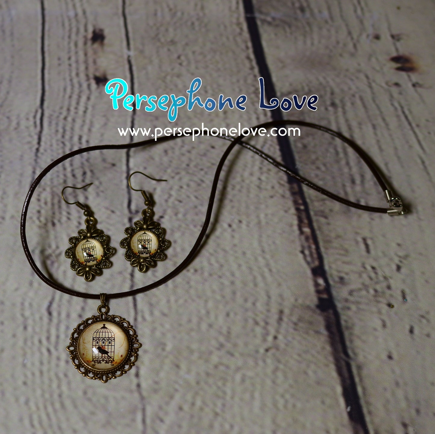 Steampunk glass cabochon necklace earring set -1220