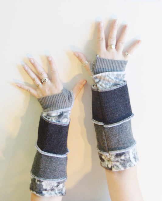 Katwise inspired needle-felted black grey upcycled sweater arm warmers with fleece-1301