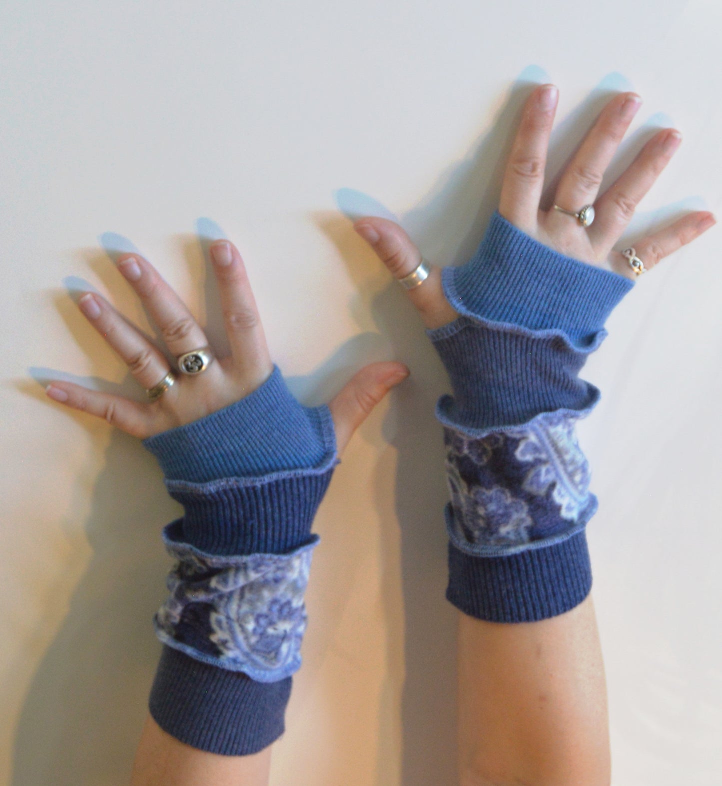 Katwise inspired needle-felted blue paisley upcycled sweater arm warmers-1307