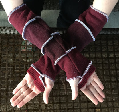 Katwise inspired needle-felted maroon wool upcycled sweater arm warmers-1313