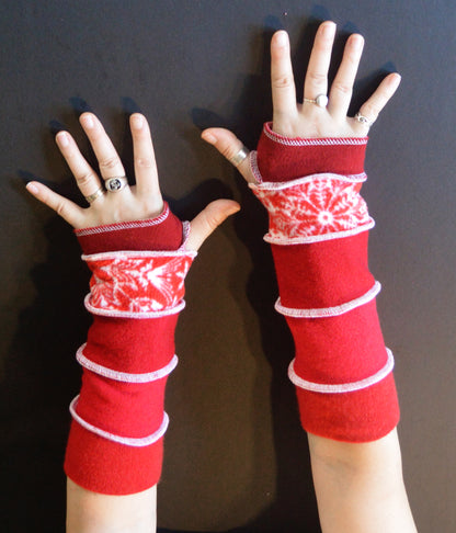 Katwise inspired needle-felted red snowflake Christmas theme wool upcycled sweater arm warmers-1314
