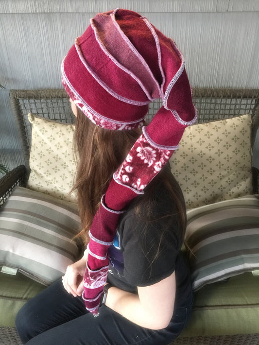 Katwise-inspired pink felted wool/cashmere patchwork pixie elf hat-1318