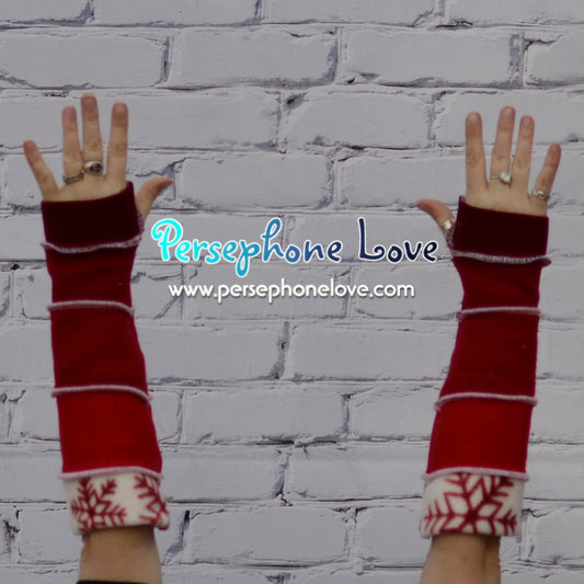 Katwise inspired needle-felted Red White Snowflake merino wool upcycled sweater arm warmers-1330