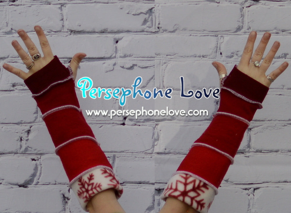 Katwise inspired needle-felted Red White Snowflake merino wool upcycled sweater arm warmers-1330