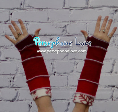 Katwise inspired needle-felted red Christmas theme wool upcycled sweater arm warmers-1331