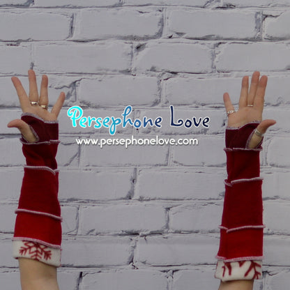 Katwise inspired needle-felted red Christmas theme wool upcycled sweater arm warmers-1331