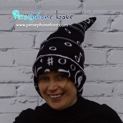 Katwise-inspired black white music opera felted cashmere/wool recycled patchwork sweater elf hat-1345