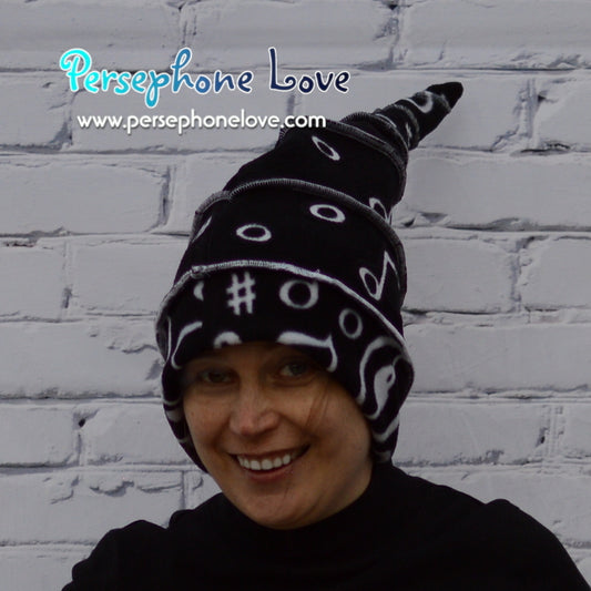 Katwise-inspired black white music opera felted cashmere/wool recycled patchwork sweater elf hat-1345