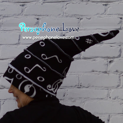 Katwise-inspired black white music opera felted cashmere/wool recycled patchwork sweater elf hat-1345