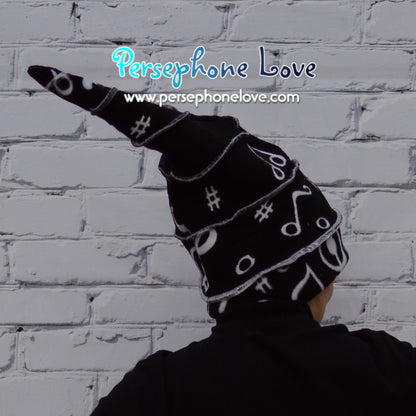 Katwise-inspired black white music opera felted cashmere/wool recycled patchwork sweater elf hat-1345