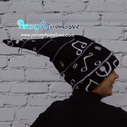 Katwise-inspired black white music opera felted cashmere/wool recycled patchwork sweater elf hat-1345