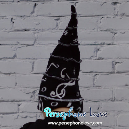 Katwise-inspired black white music opera felted cashmere/wool recycled patchwork sweater elf hat-1345