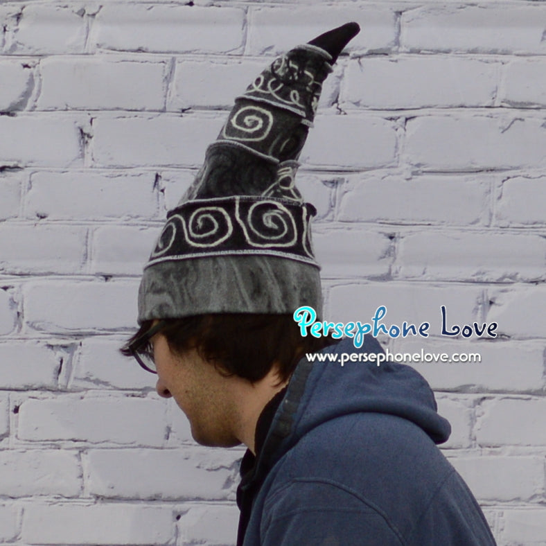 Katwise-inspired grey swirl felted cashmere/wool recycled patchwork sweater elf hat-1348