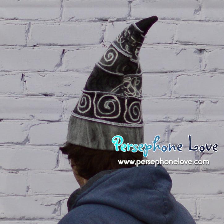 Katwise-inspired grey swirl felted cashmere/wool recycled patchwork sweater elf hat-1348