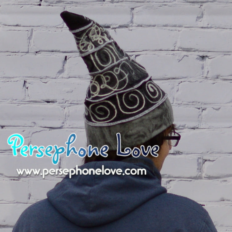 Katwise-inspired grey swirl felted cashmere/wool recycled patchwork sweater elf hat-1348