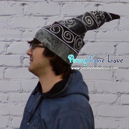 Katwise-inspired grey swirl felted cashmere/wool recycled patchwork sweater elf hat-1348