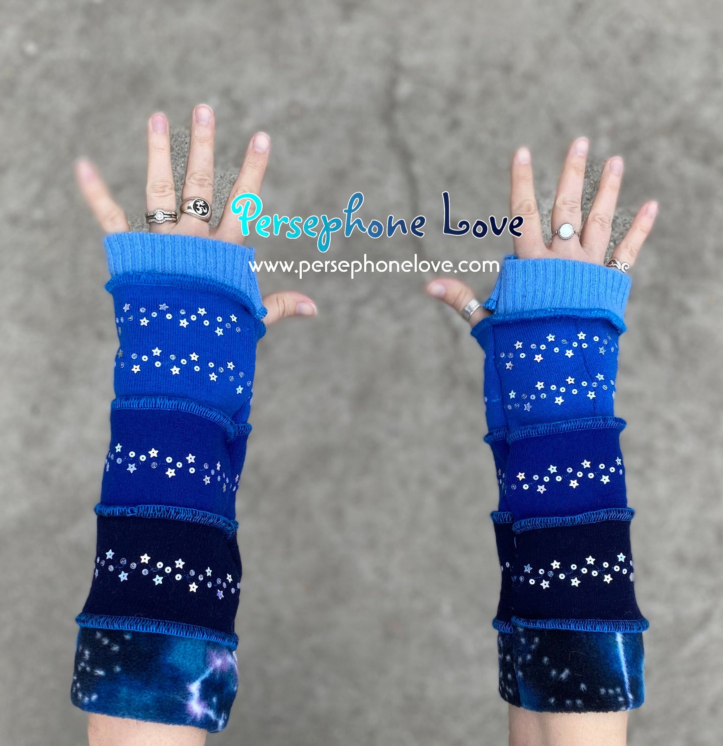 Katwise inspired needle-felted gradient galaxy blue upcycled sweater arm warmers SEQUINS-1357