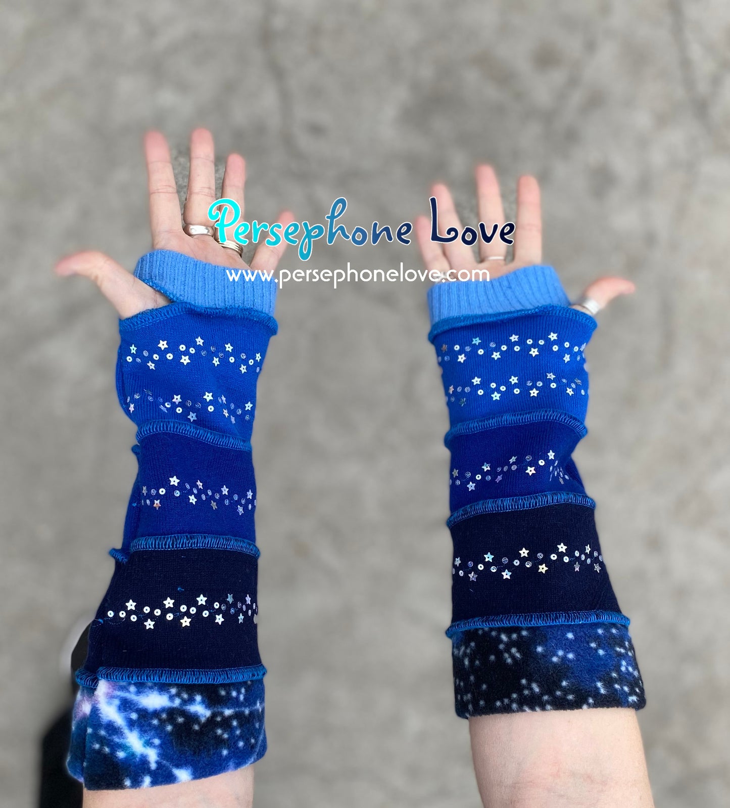 Katwise inspired needle-felted gradient galaxy blue upcycled sweater arm warmers SEQUINS-1357