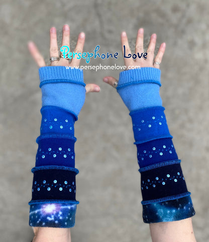 Katwise inspired needle-felted galaxy blue upcycled sweater arm warmers with sequins-1359