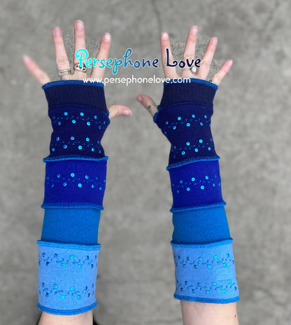 Katwise inspired needle-felted 100% CASHMERE galaxy blue upcycled sweater arm warmers SEQUINS-1361