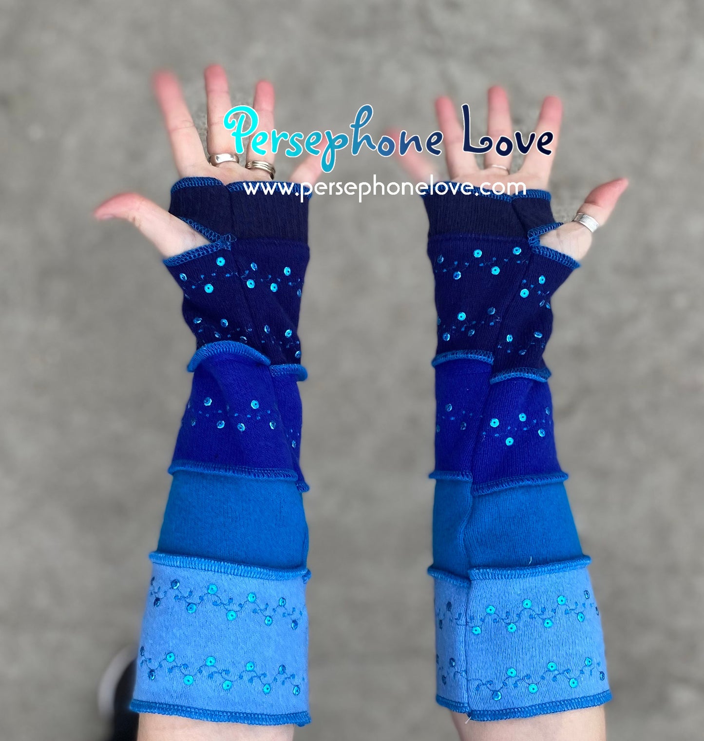 Katwise inspired needle-felted 100% CASHMERE galaxy blue upcycled sweater arm warmers SEQUINS-1361