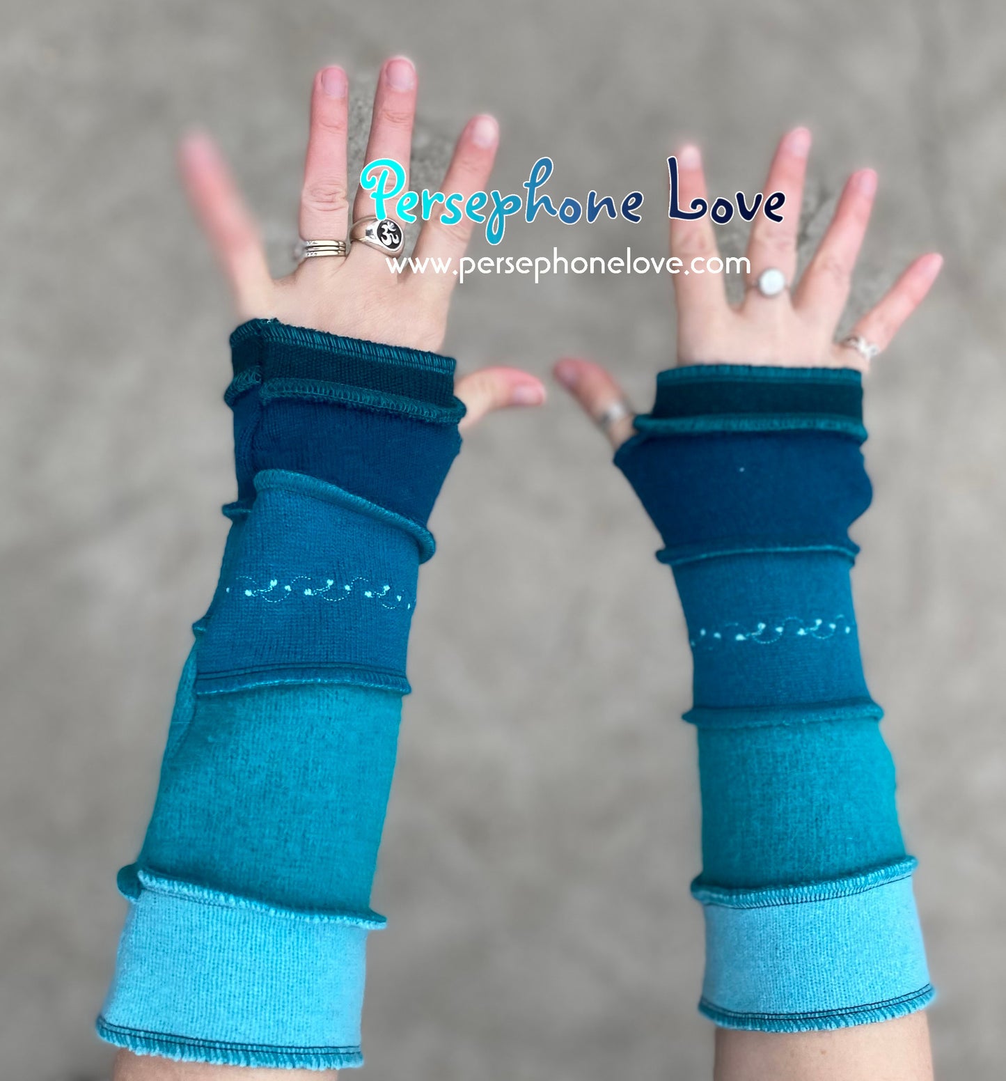 Katwise inspired needle-felted embroidered teal blue upcycled sweater arm warmers-1362