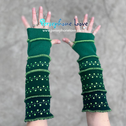 Katwise inspired needle-felted green 100% cashmere upcycled sweater arm warmers with sequins-1364
