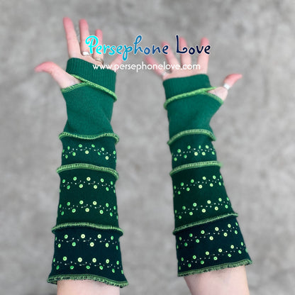 Katwise inspired needle-felted green 100% cashmere upcycled sweater arm warmers with sequins-1364