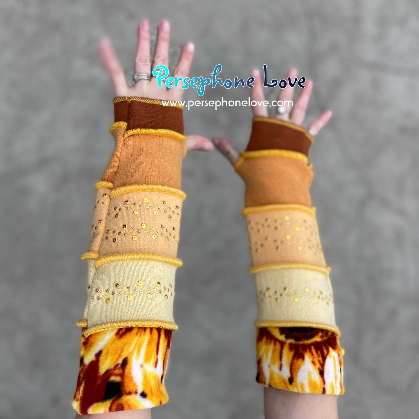 Katwise inspired needle-felted golden sunflower upcycled  sweater arm warmers with sequins-1365